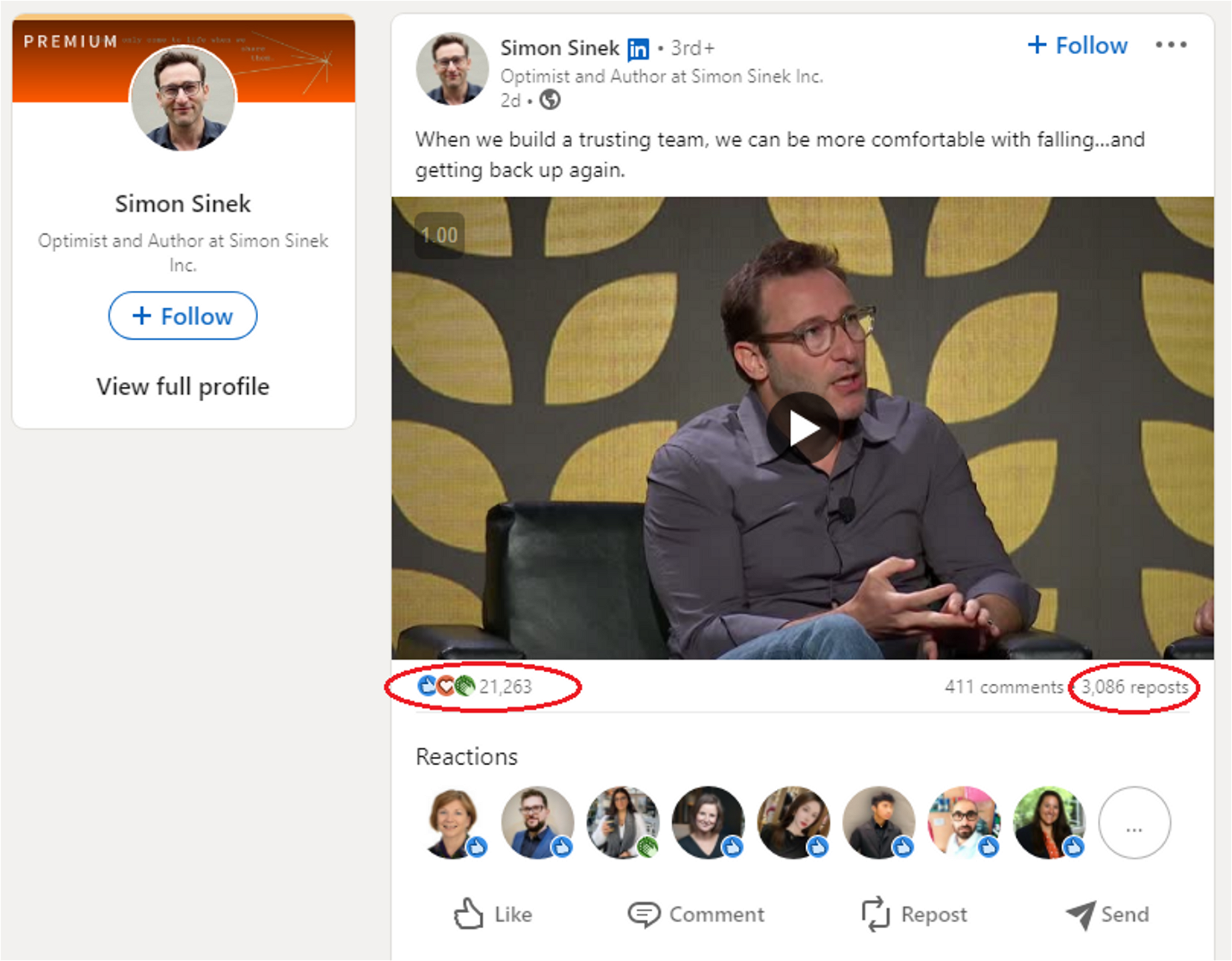Simon Sinek repurposes videos from his conferences to improve the quality of his posts and help them go viral.