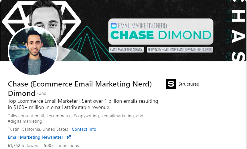 Chase Diamond’s profile helps you understand what he does at a glance, establishing him as an authority in email marketing.