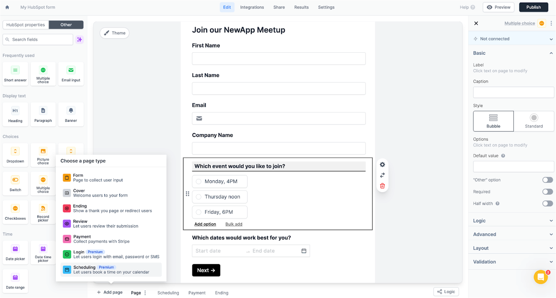 Let people choose the day they want to attend—without adding the data to HubSpot