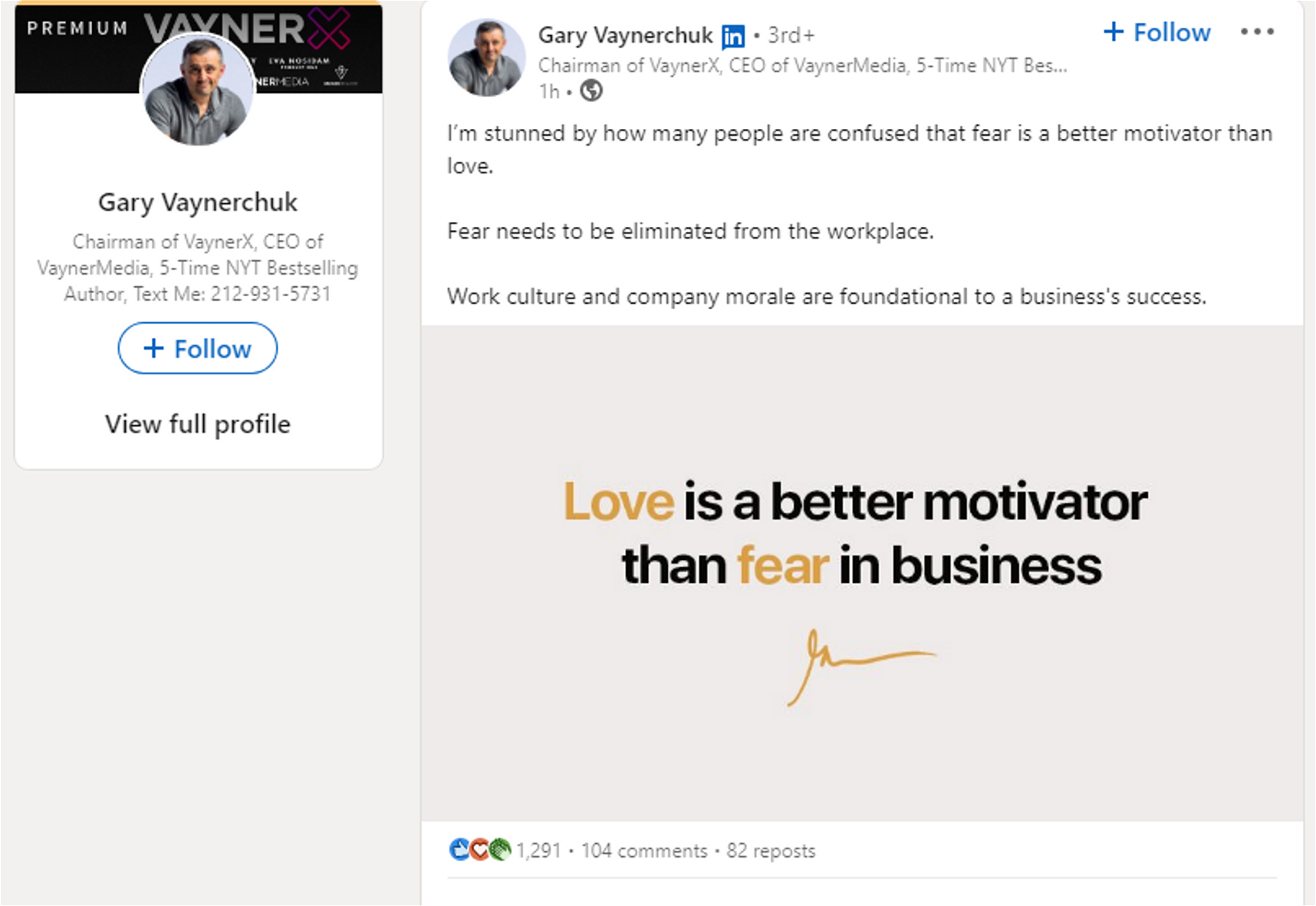 Gary Vaynerchuk uses emotional images and motivational posts to improve the reach of his personal brand. 