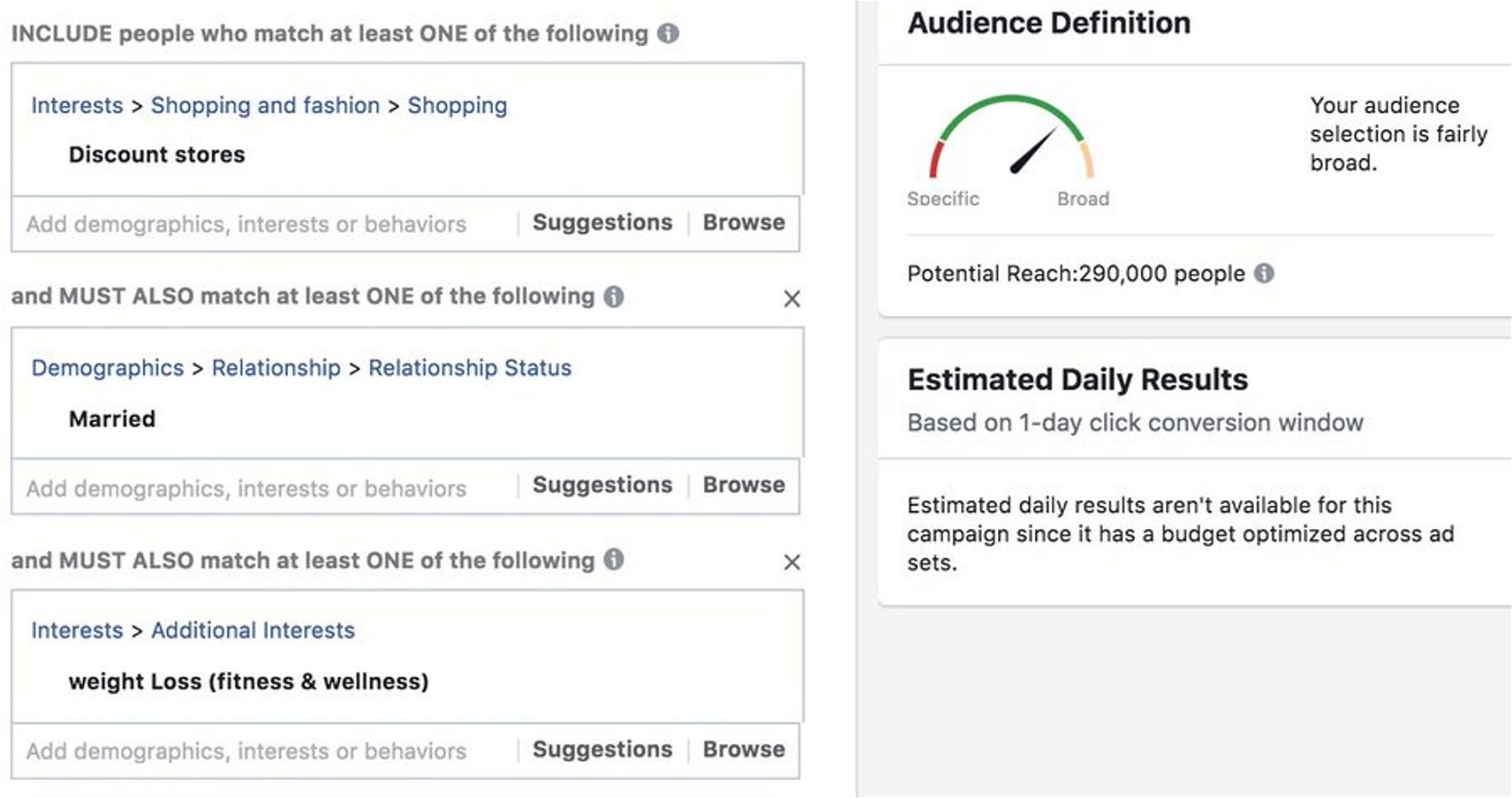 When running Facebook ads for interest-based SaaS prospects, start broad and not narrow.