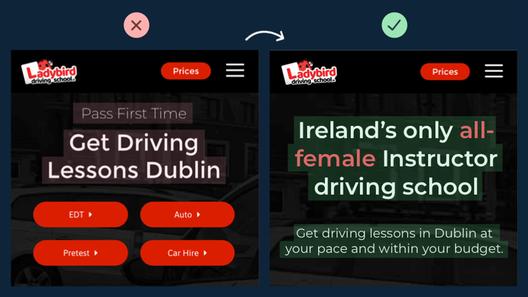How ladybird driving school can become more specific to their Ideal Customer Profile.