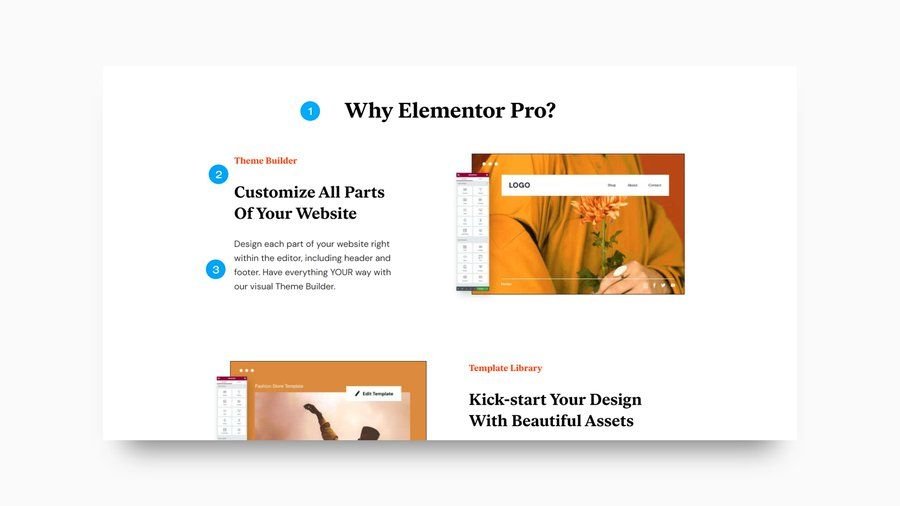Benefits section of Elementor Pro.