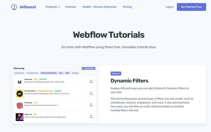 Webflow tutorials page.