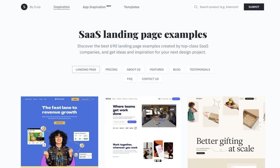 SaaS Landing Page displaying variety of landing pages it has to offer.