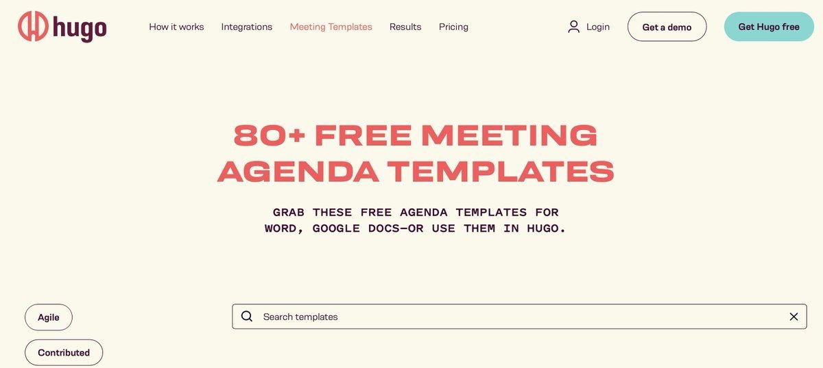 Hugo displaying 80+ free meeting templates for you to choose from.