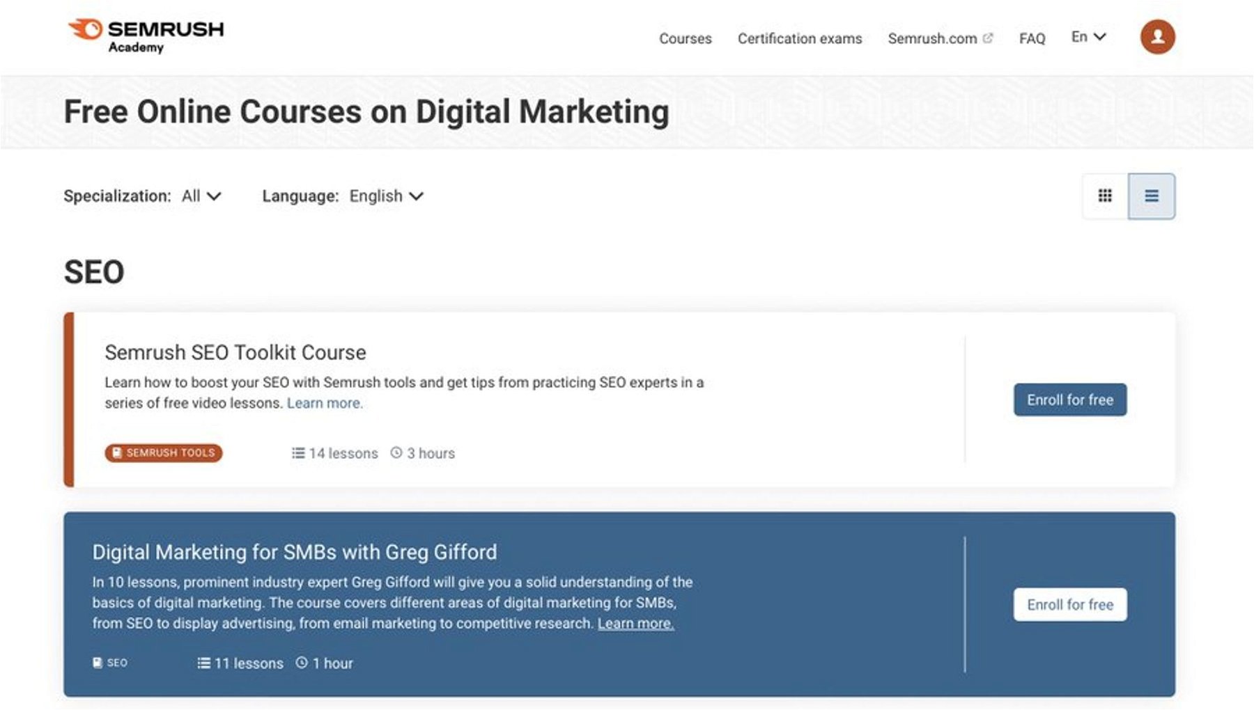Semrush displaying free online digital marketing courses.