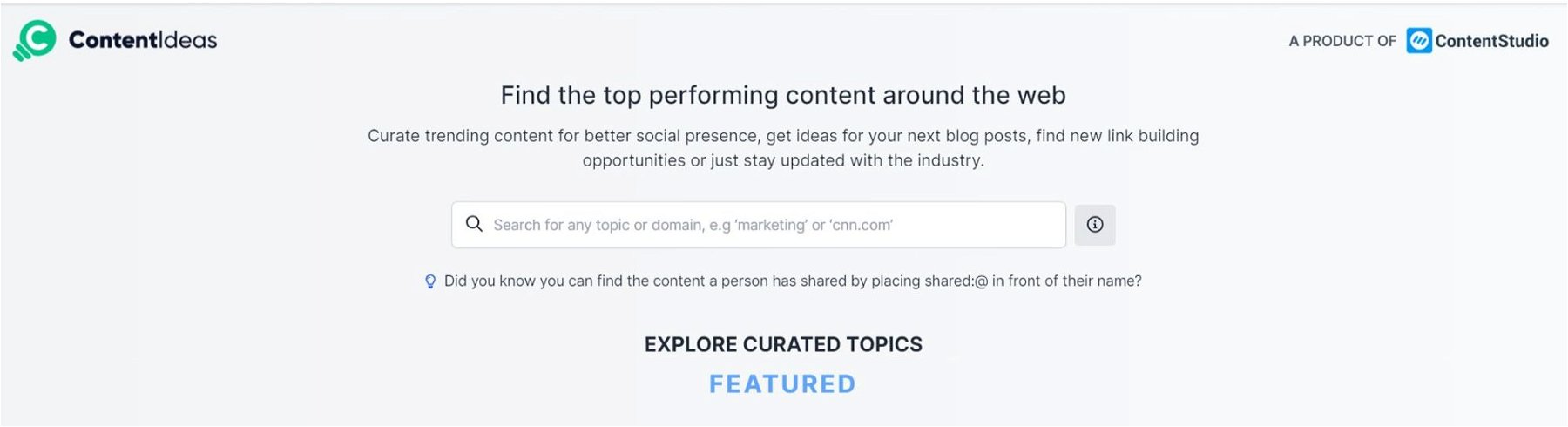 Content Ideas displaying its search bar on the homepage.
