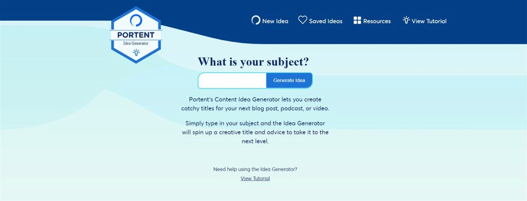 Portent Content Idea Generator displaying its search bar on the homepage.