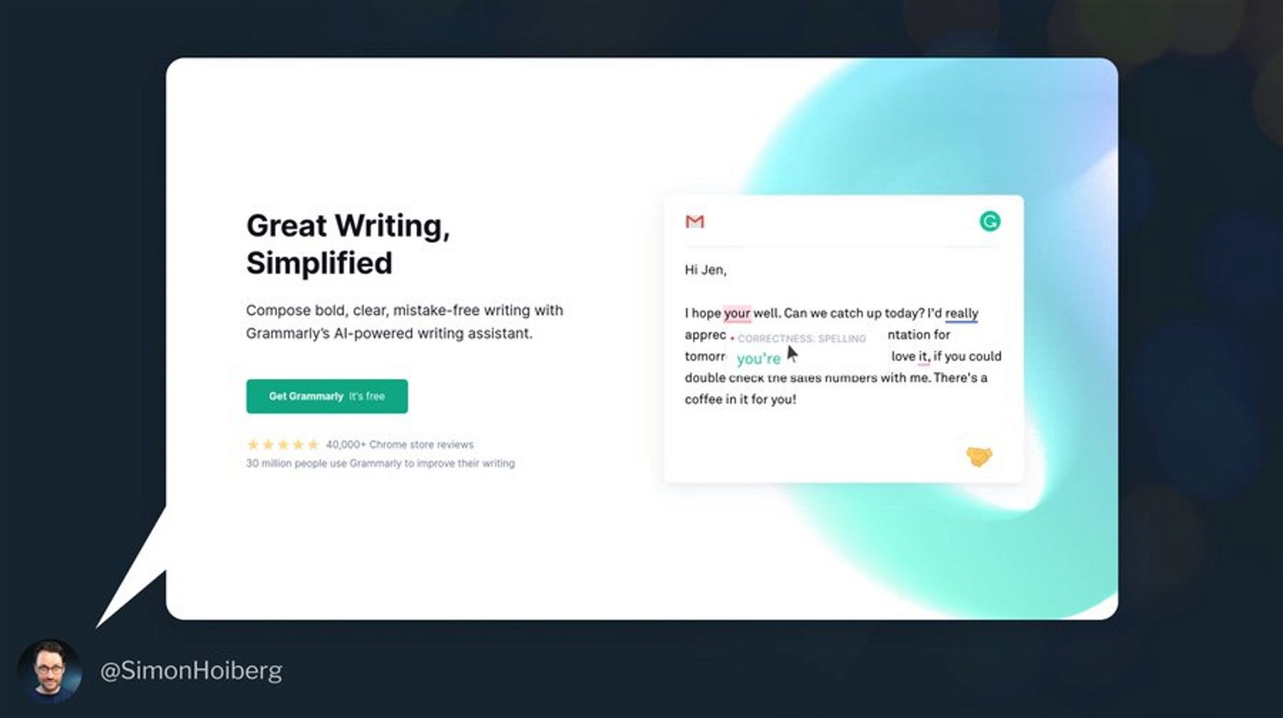 Simon Hoiberg shows how Grammarly gives suggestions for better writing.