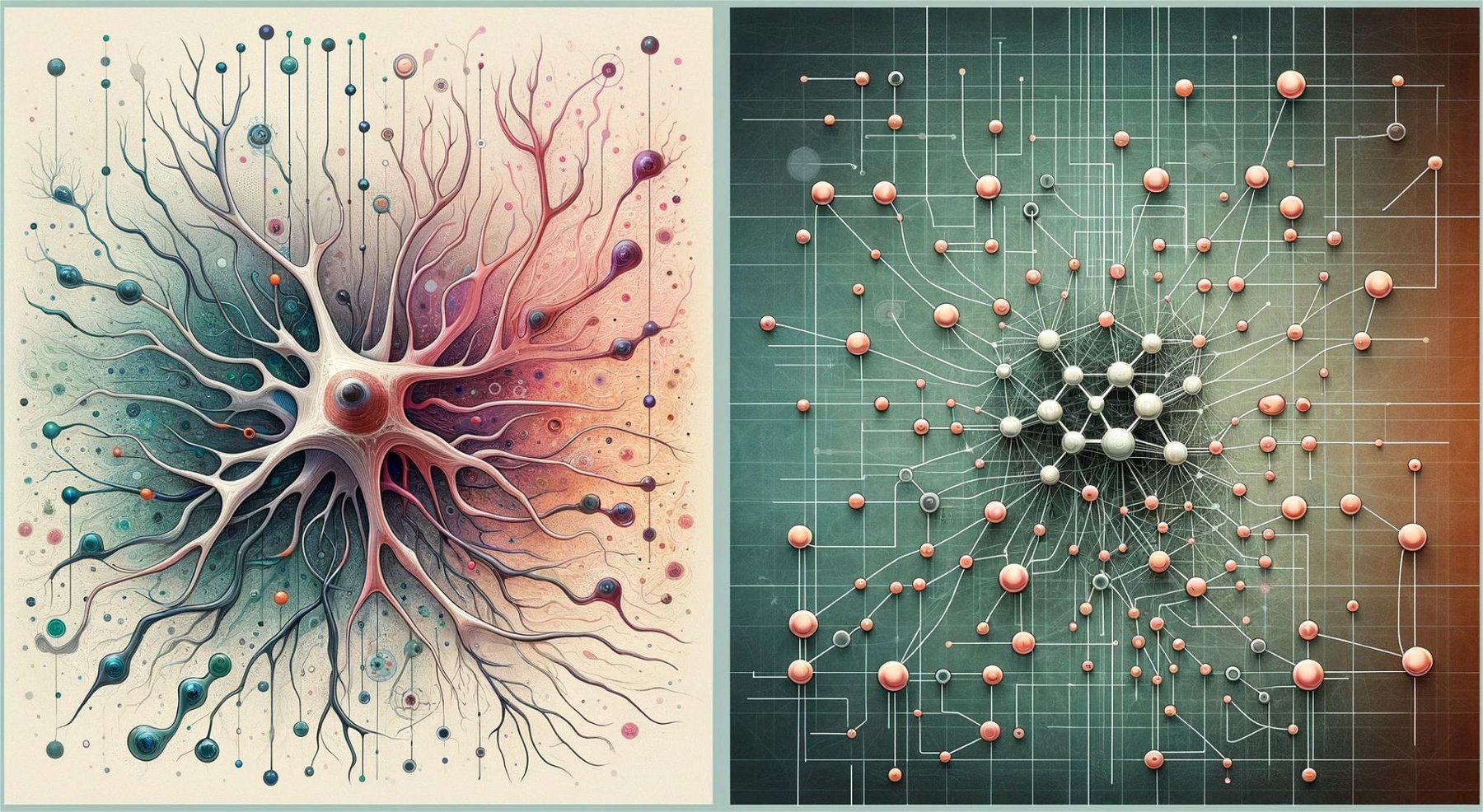 AI-generated graphic illustrating the comparison between neurons and connections in an artificial neural network. This image visually contrasts the organic complexity of biological neurons on the left with the geometric simplicity of an artificial neural network on the right. —ChatGPT 4 Turbo