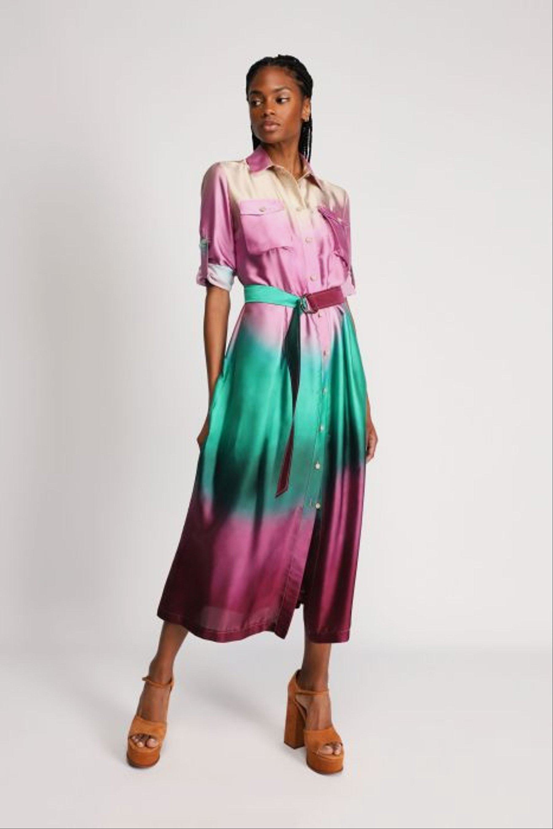 OMBRÉ MIDI DRESS WITH BUTTONING AND SASH BELT
