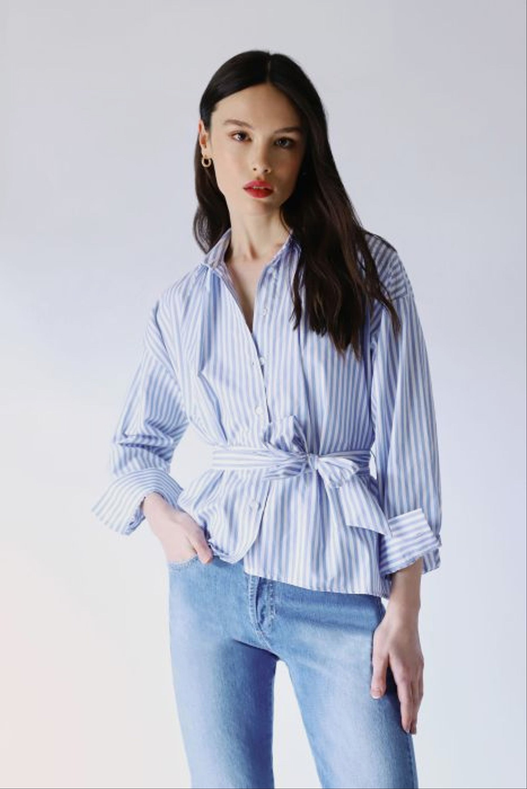 STRIPED SHIRT WITH BELT LOOPS AND SASH BELT